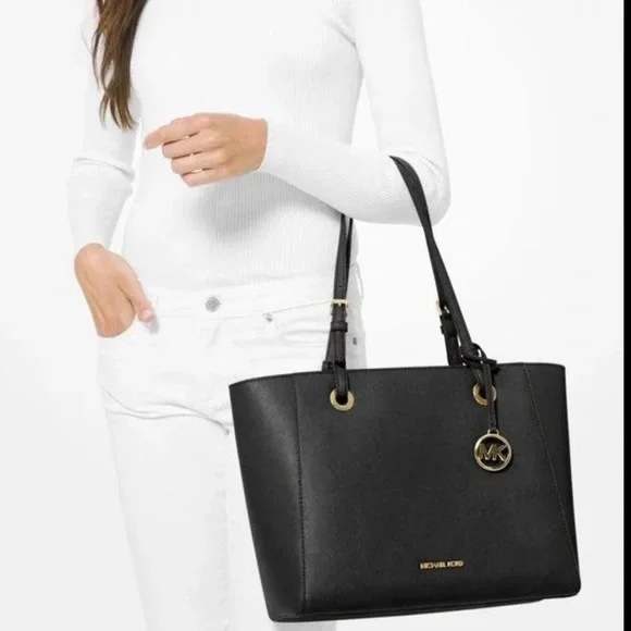 Michael Kors Black Gold Tote Handbag Women’s Purse Leather Walsh Mk Zipper - Picture 1 of 15